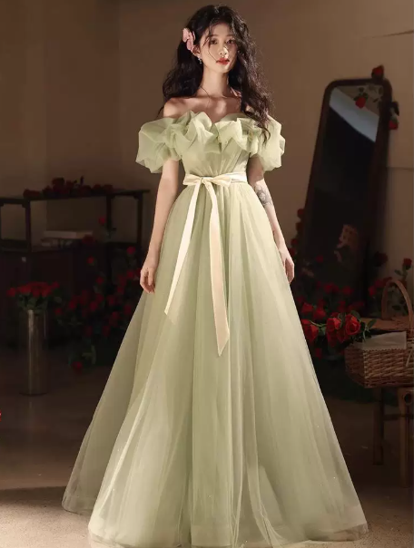 Hazy Green Prom Gown , Puffy Tulle Corset Maxi Evening Dress RS1537