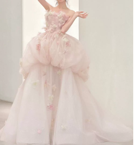 Gentle Blush Pink Prom Gown , 3D Floral Puffy Corset Maxi Birthday Dress RS1538