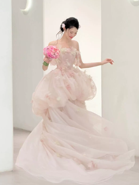 Gentle Blush Pink Prom Gown , 3D Floral Puffy Corset Maxi Birthday Dress RS1538