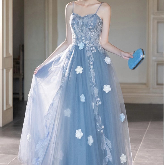 Elegant Blue Prom Gown , Lace Embroidery Tulle Corset Maxi Evening Dress RS1540