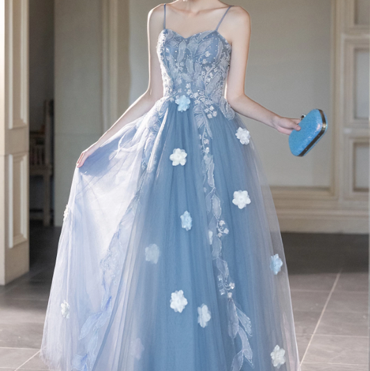 Elegant Blue Prom Gown , Lace Embroidery Tulle Corset Maxi Evening Dress RS1540