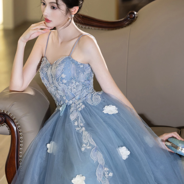 Elegant Blue Prom Gown , Lace Embroidery Tulle Corset Maxi Evening Dress RS1540