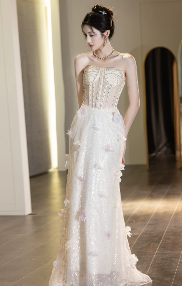 Elegant White Prom Gown , 3D Floral Tulle Corset Maxi Evening Dress RS1541