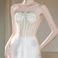 Elegant White Prom Gown , 3D Floral Tulle Corset Maxi Evening Dress RS1541