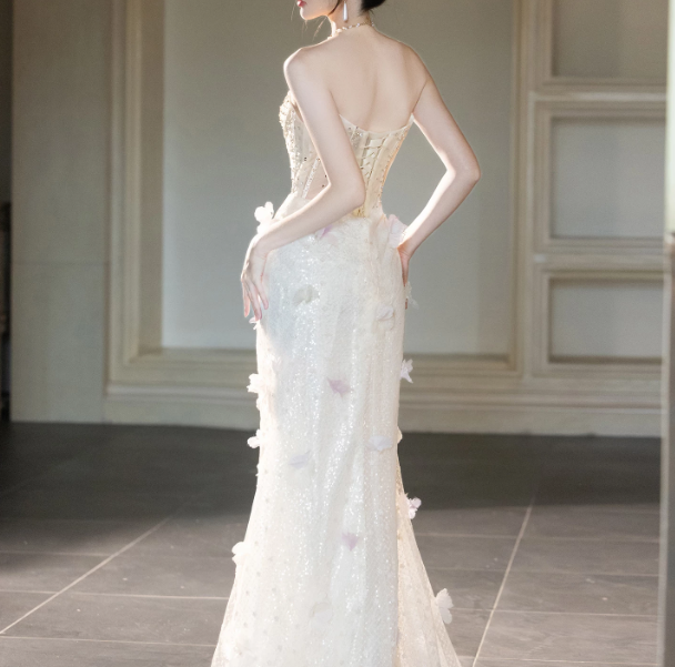 Elegant White Prom Gown , 3D Floral Tulle Corset Maxi Evening Dress RS1541