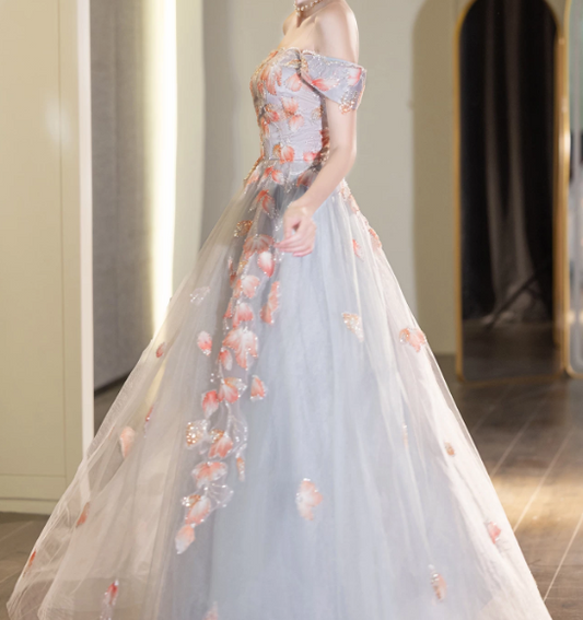 Elegant Biue Prom Gown , Applique Tulle Corset Maxi Evening Dress RS1542