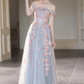 Elegant Biue Prom Gown , Applique Tulle Corset Maxi Evening Dress RS1542