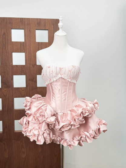 Cute Pearl Pink A-Line Strapless Mini Women Dress with Lavered Fold Homecoming Dress Birthday Dress RS133