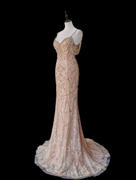 Elegant Champagne Prom Gown , Mermaid Beaded Glitter Bodycon Maxi Evening Dress RS1543