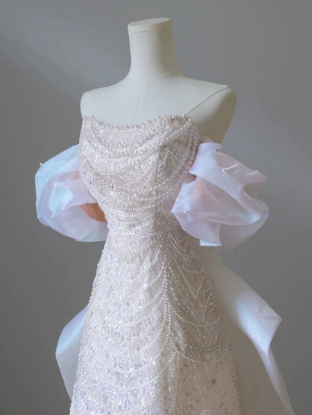 Romantic Blush Pink Prom Gown , Beaded Glitter Tulle Trail Bodycon Maxi Evening Dress RS1544