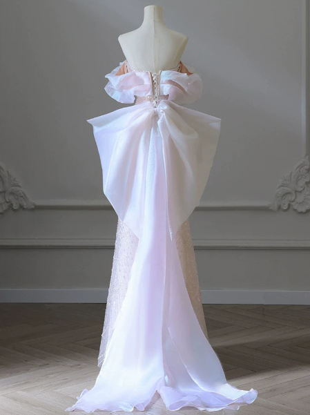 Romantic Blush Pink Prom Gown , Beaded Glitter Tulle Trail Bodycon Maxi Evening Dress RS1544