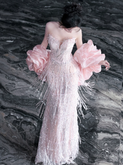 Romantic Blush Pink Prom Gown , Tassel Decor Glitter Tulle Bodycon Maxi Evening Dress RS1545