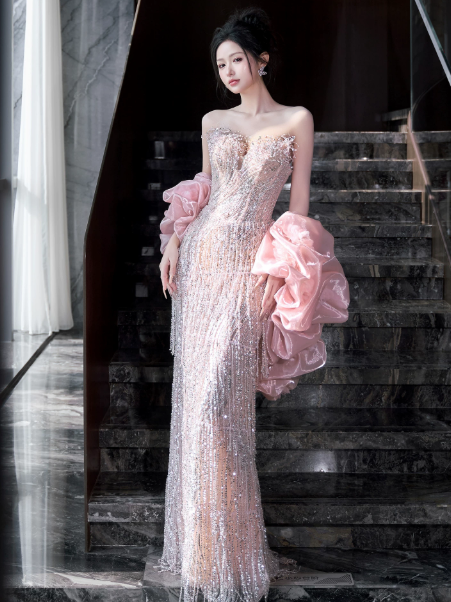 Romantic Blush Pink Prom Gown , Tassel Decor Glitter Tulle Bodycon Maxi Evening Dress RS1545