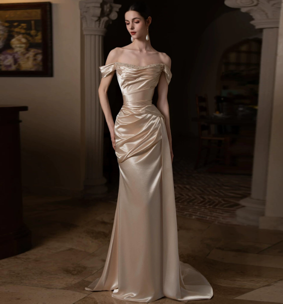 Elegant Golden Prom Gown , Silky Satin High-slit Bodycon Maxi Evening Dress RS1546