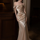 Elegant Golden Prom Gown , Silky Satin High-slit Bodycon Maxi Evening Dress RS1546