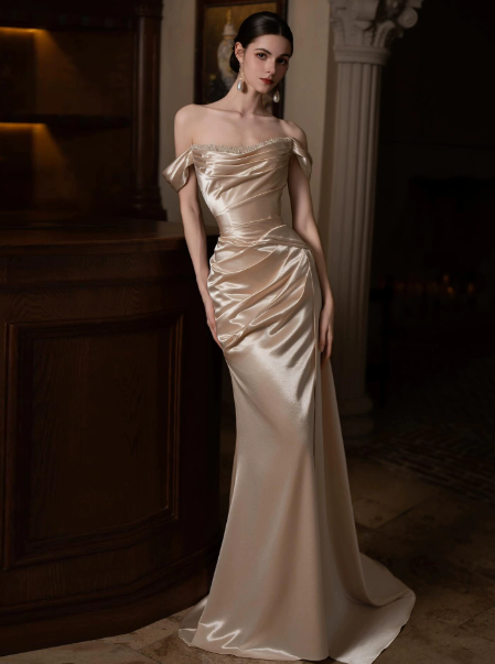 Elegant Golden Prom Gown , Silky Satin High-slit Bodycon Maxi Evening Dress RS1546