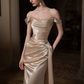 Elegant Golden Prom Gown , Silky Satin High-slit Bodycon Maxi Evening Dress RS1546