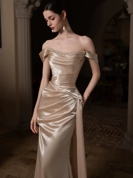 Elegant Golden Prom Gown , Silky Satin High-slit Bodycon Maxi Evening Dress RS1546