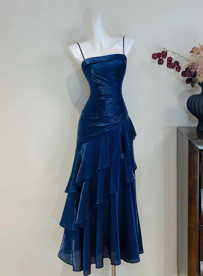 Navy Flowy Prom Gown , Silky Frilled Bodycon Maxi Summer Dress RS1547