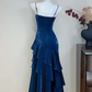 Navy Flowy Prom Gown , Silky Frilled Bodycon Maxi Summer Dress RS1547