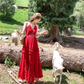 Red long v-neck off-shoulder waist halter dress summer French temperament sexy skirt R4579