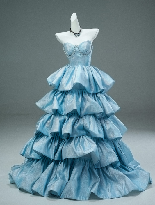 Elegant Blue Prom Gown , Silky Frilled Satin Corset Queen  Maxi Evening Dress RS1548