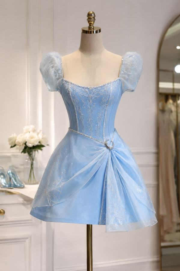 Baby Blue Elegant Homecoming Dress , Puff Sleeves Embroidered Corset Short Prom Dress Summer Dress RS1556