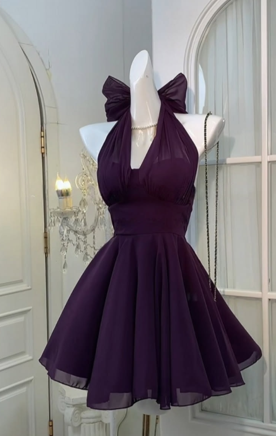 Purple Elegant Homecoming Dress , Deep V-neck Chiffon Corset Short Prom Dress Summer Dress RS1557