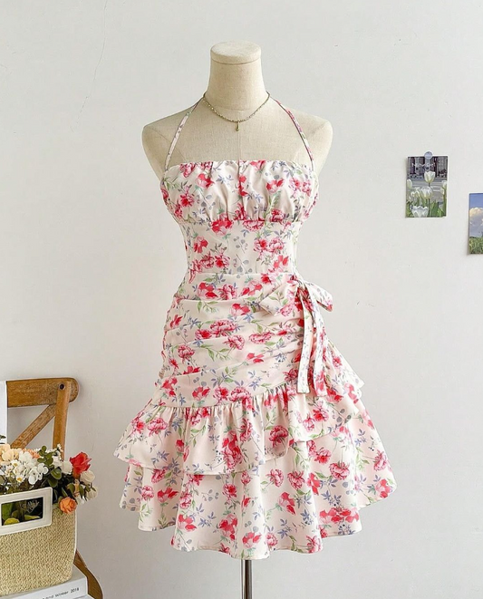 Ruffled Floral Homecoming Dress , CottageCore Chiffon Bodycon Short Prom Dress Summer Dress RS1560