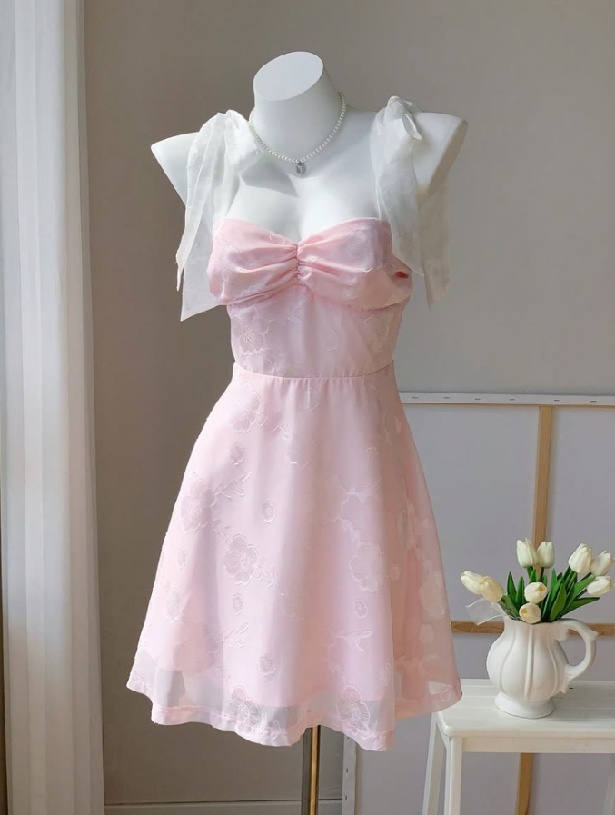 Cute Pink Homecoming Dress , Flowy Chiffon Corset Short Prom Dress Summer Dress RS1561