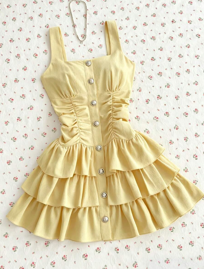 Charming Yellow Homecoming Dress , Flowy Frilled Corset Short Prom Dress Summer Dress RS1563