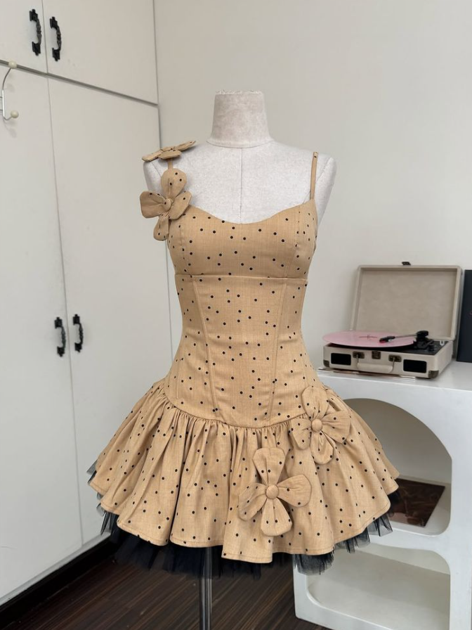 Golden Elegant Homecoming Dress , Polka Dots Cute 3D Floral Corset Short Prom Dress Cami Dress RS1567
