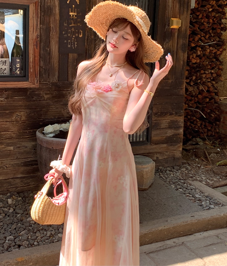 Pink long atmospheric mesh halter dress for women, a summer French retro slimming dress R4788