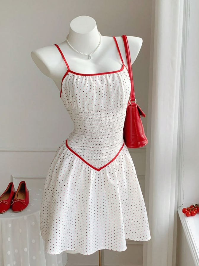 Minimalist White Homecoming Dress , Polka Dots Flowy Corset Summer Dress Cami Dress RS1570