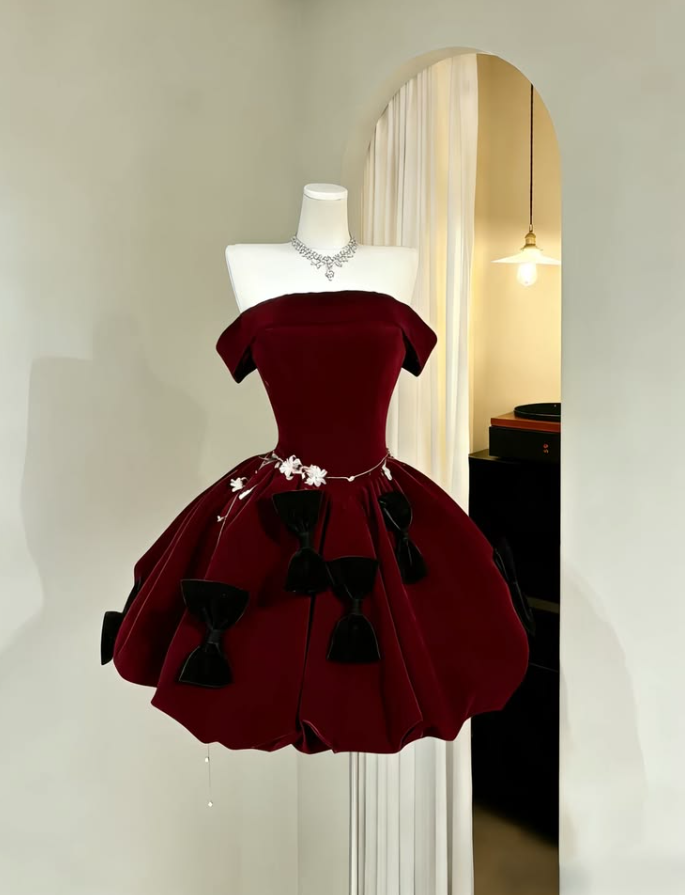 Burgundy Elegant Homecoming Dress , Velvet Bow Decor Corset Eveing Dress Short Prom Dress RS1571