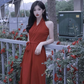 Retro halter neck dress sexy wine red temperament slim high-end dress R1486