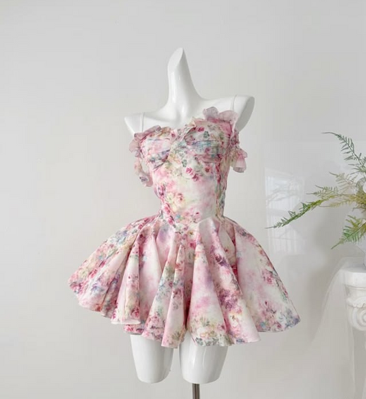 Dreamy Floral Homecoming Dress , Flowy CottageCore Corset Short Prom Dress Summer Dress RS1573