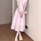 Gentle style pink baby collar dress floral waist A-line long skirt R0790