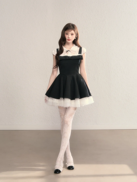 Black suspender waist slim A-line daughter style short skirt homecoming dress R5406