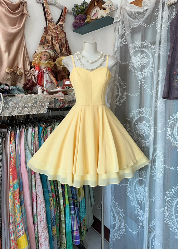 Yellow suspender waist A-line cute short skirt prom dress R6219
