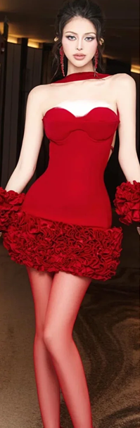 Red tube top waist slim fit three-dimensional flower skirt short skirt homecoming dress R4518