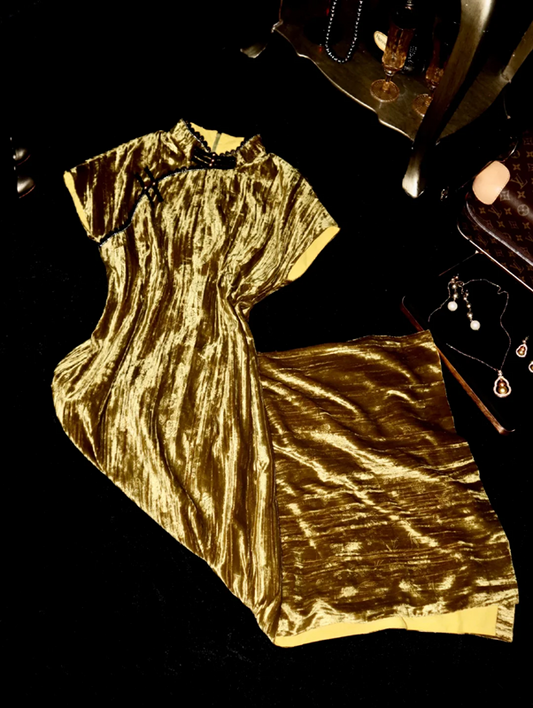 Gold fitted midi ball gown R6857