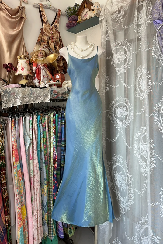 Blue strappy satin gilded elegant long ball gown R6179