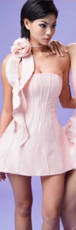 Pink tube top simple style waist slim fit A-line cute short skirt homecoming dress R4638