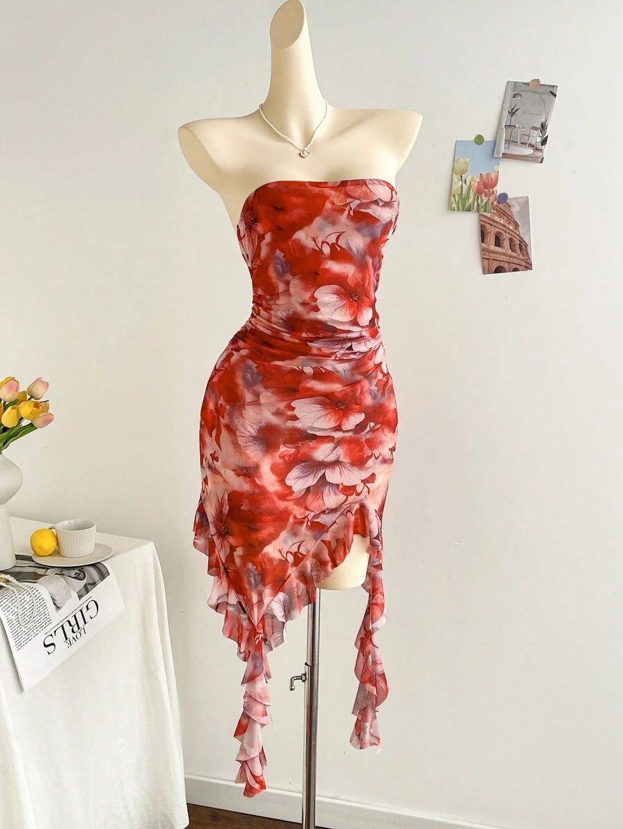 Red tube top waist pleated irregular skirt dress, prom dress R5428