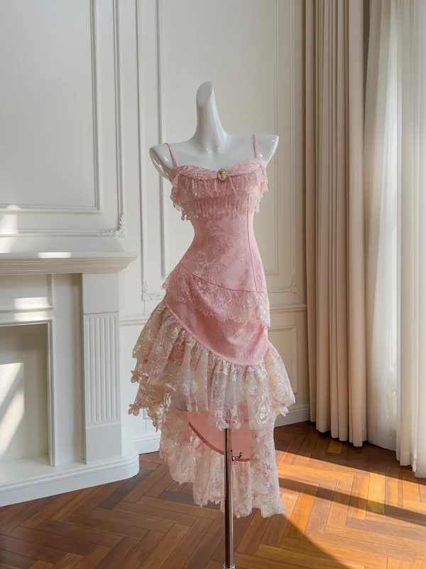 Pink suspender waist slim hip lace skirt mid-length skirt homecoming dress R5007