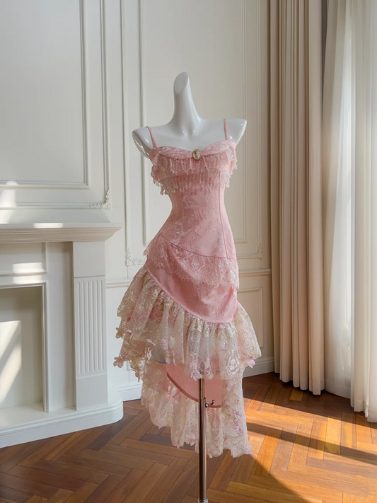 Pink suspender waist slim hip lace skirt mid-length skirt homecoming dress R5007