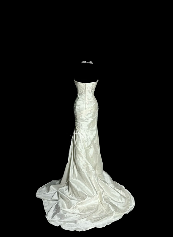 White strapless, fitted waist, pleated hip-hugging sexy long ball gown R6658