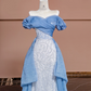Light blue off-the-shoulder fitted long ball gown R8379