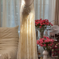 Light apricot halter neck fitted waist slim back sexy long ball gown R7764